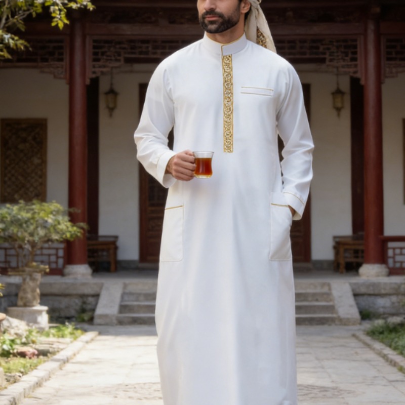 Arabic Formal Wear Men - Arabischer Herren-Thobe mit Stickerei, Langarm, Locker