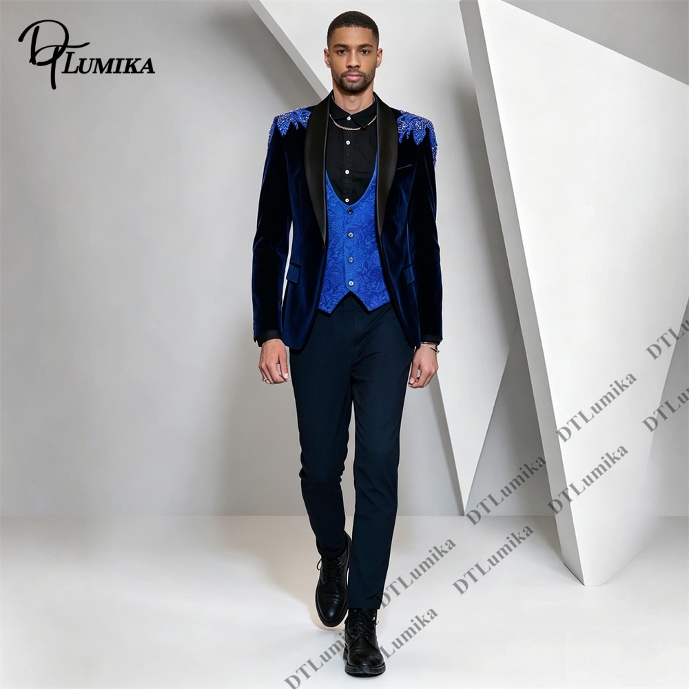 Formal Wear For Men In Wedding - Peagent Herren 3-teiliger Samtanzug, schwarzer Satin-Revers,